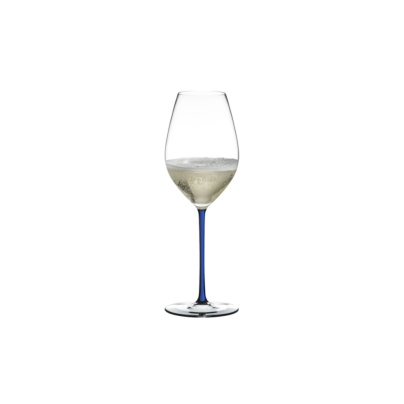 Champagneglass med blå stilk, og klar klokke og stett