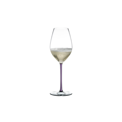 Champagneglass med lavendelfarget stilk, og klar klokke og stett