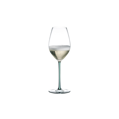 Champagneglass med mintfarget stilk, og klar klokke og stett