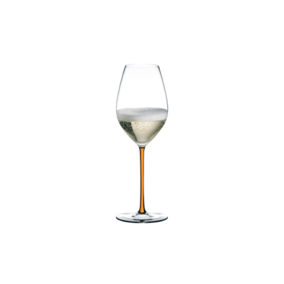 Champagneglass med oransje stilk, og klar klokke og stett